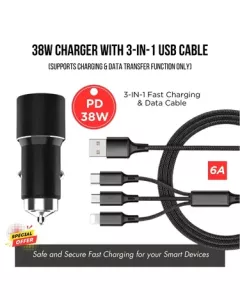 Car Mobile Metal Body Charger PD38W with 3 in1 Charging Cable