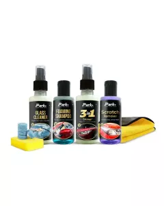 7 in 1 kit | Shampoo | Glass Cleaner | 3in1 Shiner (Sponge free) | Scratch Remover | Microfiber Cloth | Tablets (Pack of 5)