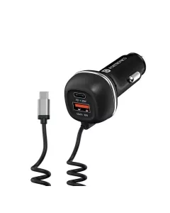 Car Power 1C Triple Output | Fast Car Charger with 33W Type-C Cable | 20W Type-C PD | 18W USB Port | Black | POR 1873